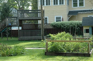 Backyard play structures and vegetable garden pens.